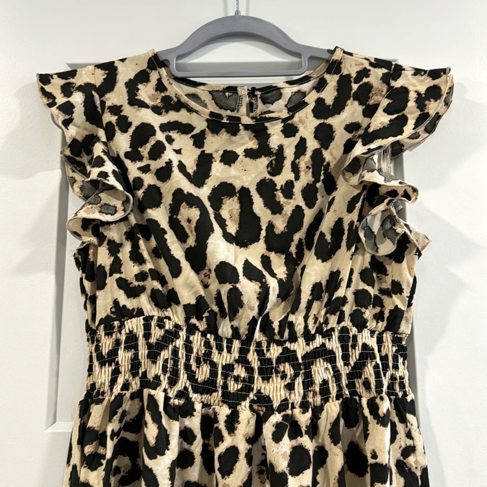 Women’s Animal Print Leopard Black Tan Maxi Long Ruffle Sleeve Dress Medium - Picture 5 of 8